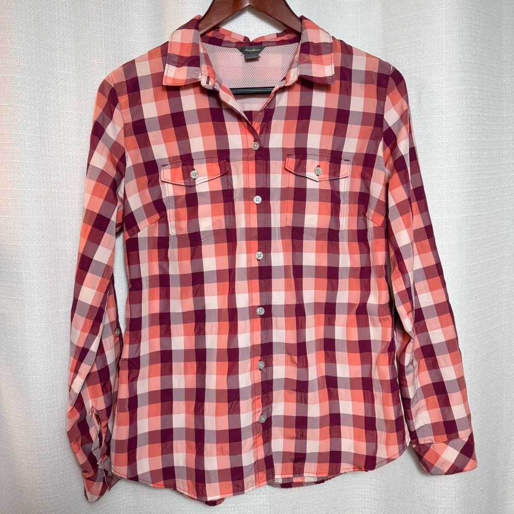 Eddie Bauer Coral Plaid Button Down Shirt Lightweight Roll Tab Sleeve M